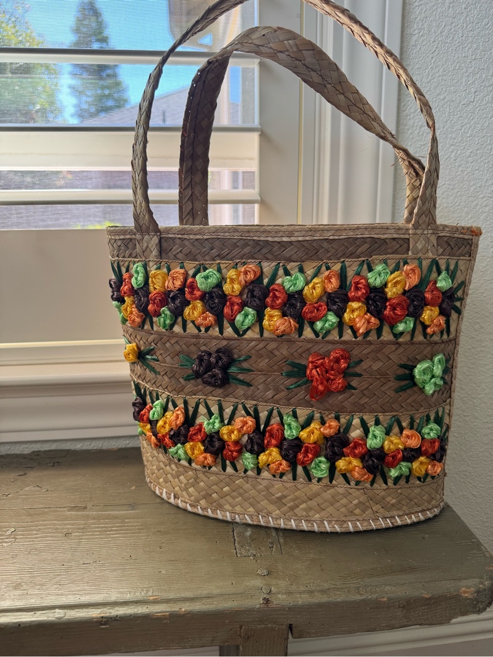 Handwoven Floral Embellished Straw Tote Bag — Multicolor